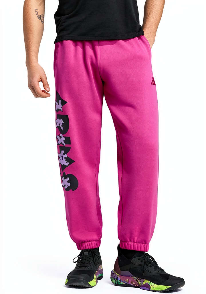 adidas Mens Loose Fit Track Pants Semi Lucid Fuchsia displayed on a wooden bench