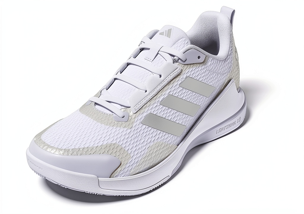 adidas women's volleyball shoes in White/Silver Metallic/White color on a court